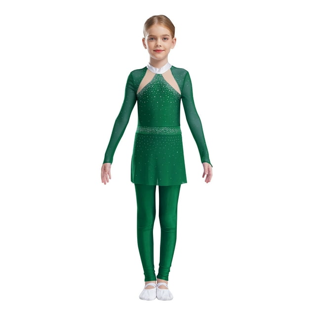 dPois Combinaison de Danse Intégrale pour Filles avec Strass Manches Longues Patinage Extensible Vert 8