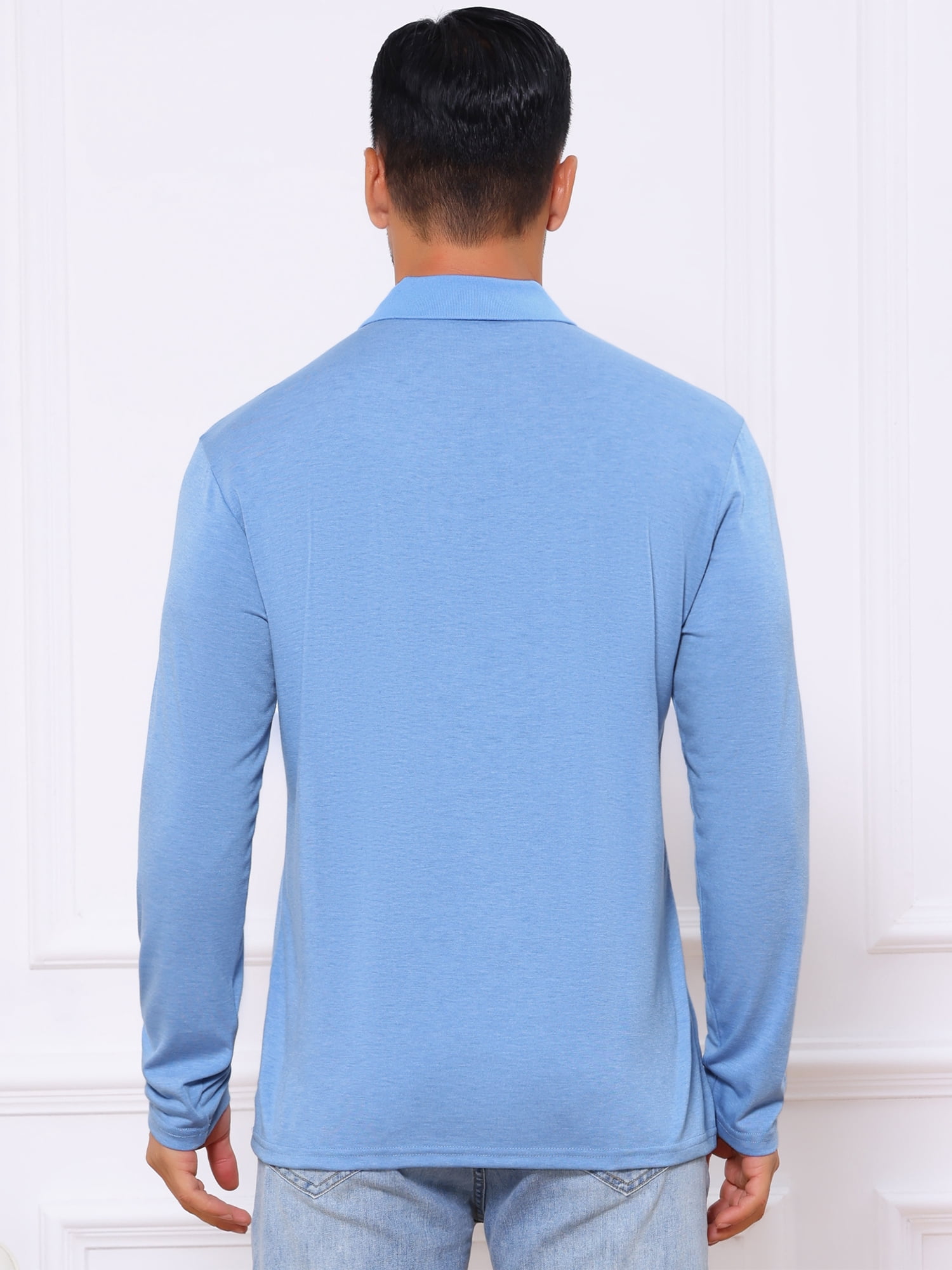 DARING DIVA Men's Contrast Button Collared Long Sleeves Golf Polo T-Shirts M Light Blue
