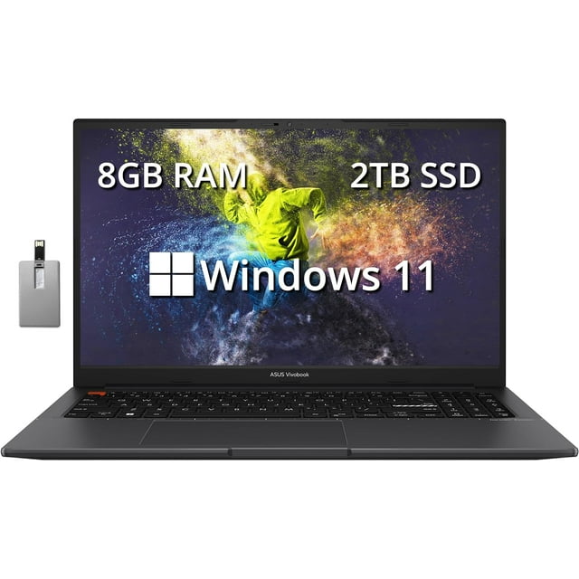 ASUS VivoBook S 15 Slim 15.6" FHD Laptop, AMD Ryzen 7 5800H, 8GB RAM, 2TB SSD, AMD Radeon Graphics, Fingerprint Reader, Backlit Keyboard, Webcam, Windows 11 Home, Indie Black, 32GB Hotface USB Card