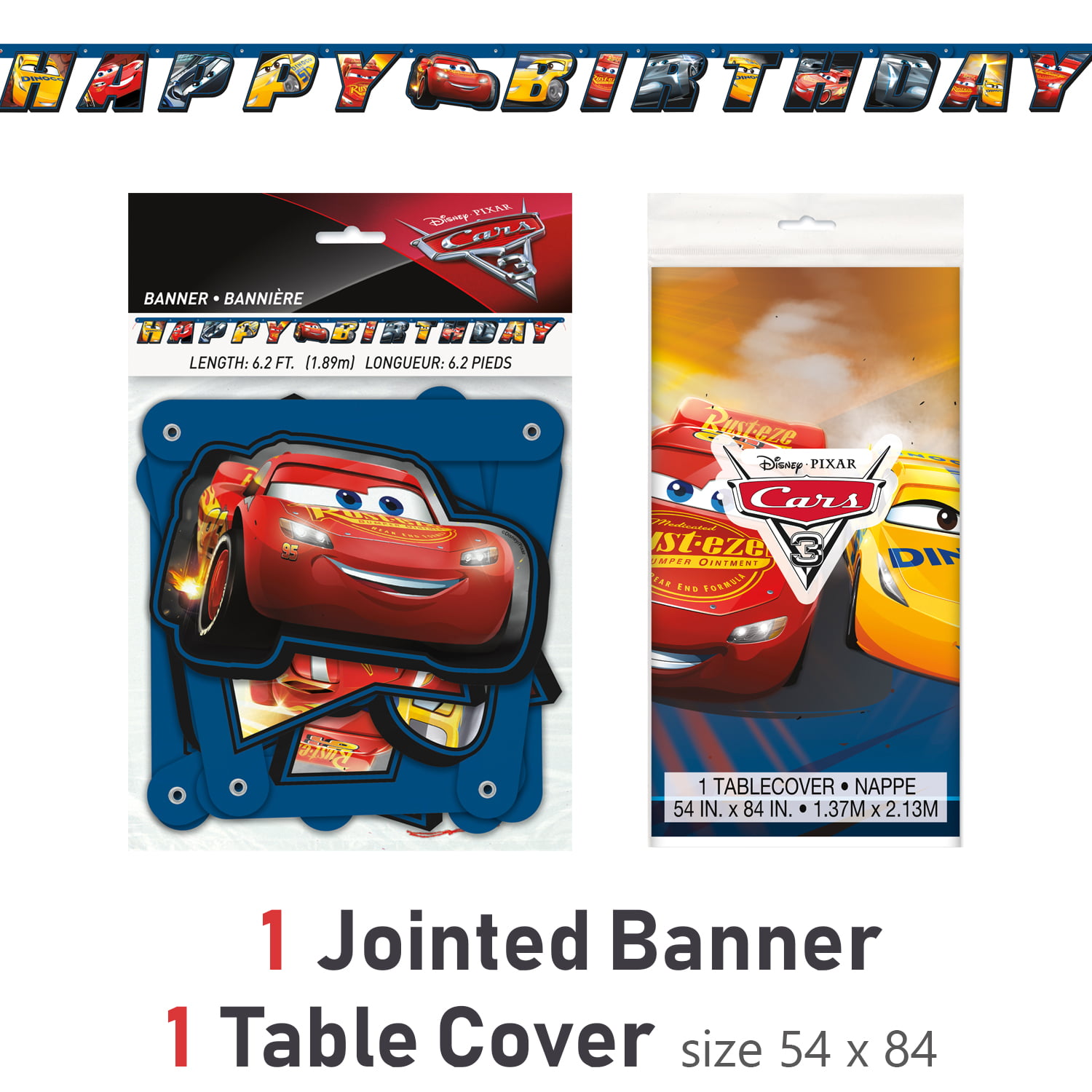 Disney Pixar Cars 3 Happy Birthday Banner tablecloth and 16ct napkins 