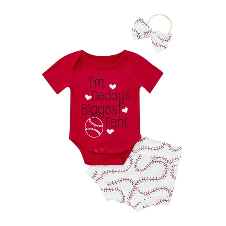 

Frobukio 3Pcs Infant Baby Girls Clothes Sets Letter Print Short Sleeve Romper + Rugby Pattern Shorts + Headband Red 18-24 Months