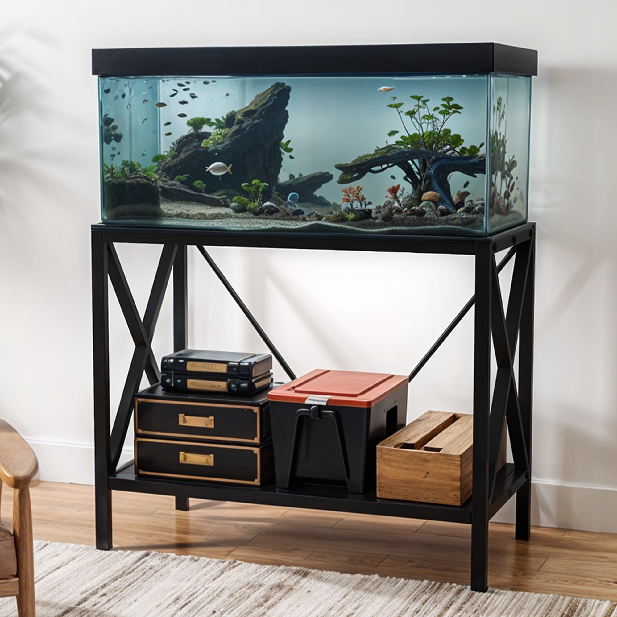 Uforic X-Shape 10-40 Gallon Double-Layer Storage Metal Fish Tank Stand, 500 Lbs Capacity, Black