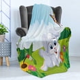 thumbnail image 4 of Rabbit Soft Flannel Fleece Throw Blanket, Rodent on the Grass Bee and Butterfly Birds Flowers Children Cartoon Fun Design, Cozy Plush for Indoor and Outdoor Use, 50" x 70", Multicolor, by Ambesonne, 4 of 5