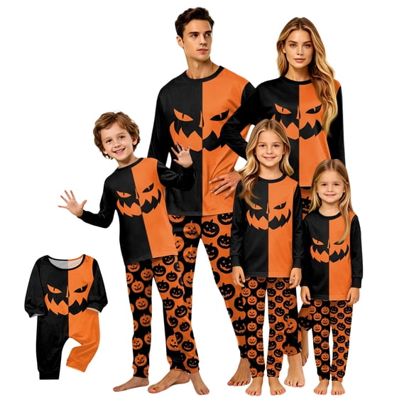 Family Matching Pajamas, Halloween Pajamas for Family, Halloween Matching Family Pajamas Black Orange Pumpkin Print Long Sleeve 2 Piece Pj Set Creepy Sleepwear Nightwear Loungewear Arachnid Photos