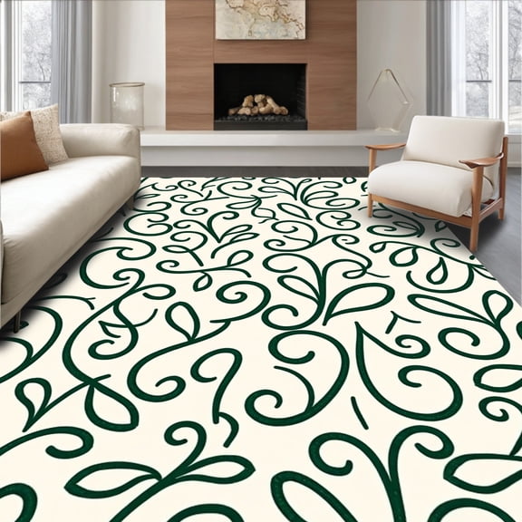 ODIKA 8'x8' Machine Washable Non-Slip Area Rug, Enchanted Garden Swirling Vine Composition High Traffic Rug, Green, 393163