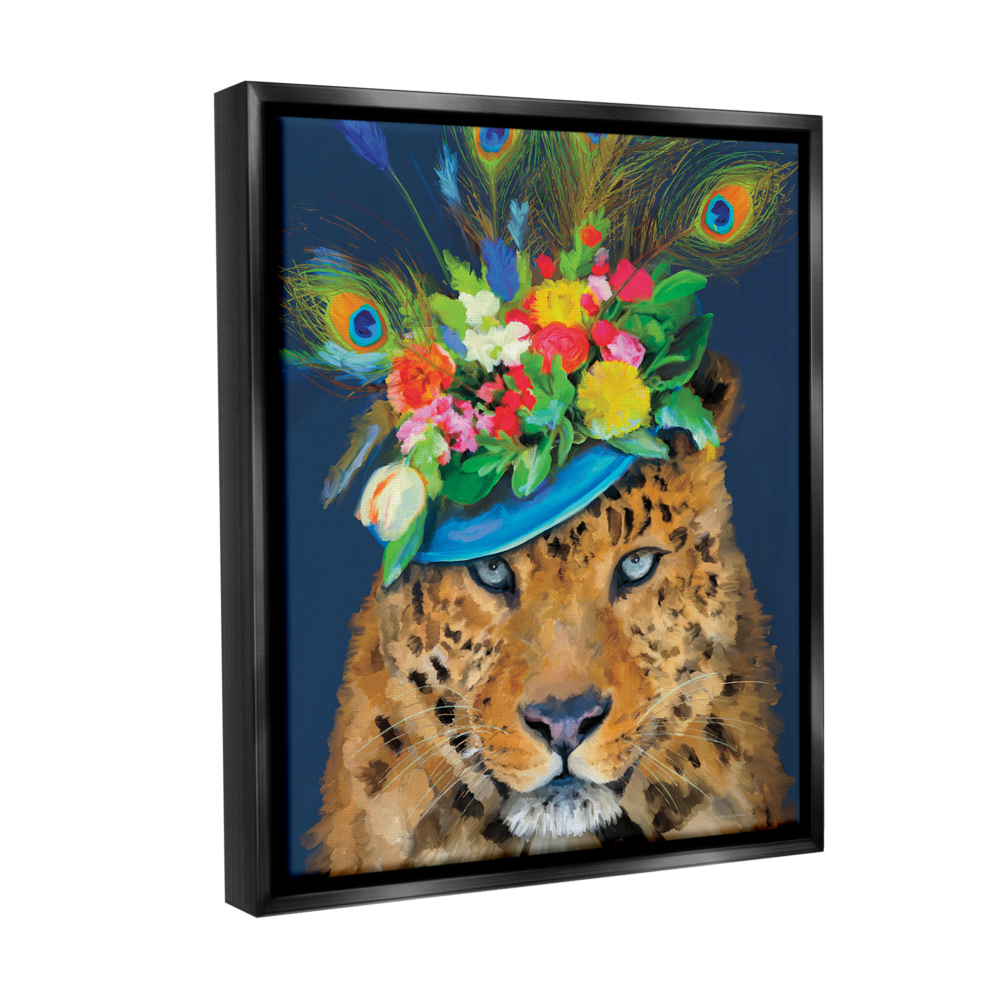 Stupell Industries Cheetah with Feather Hat Animals & Insects Painting Black Floater Framed Canvas Art Print Wall Art, 25 x 31
