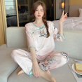 thumbnail image 1 of Pijama de seda helada de cuello redondo fino de verano para mujer, traje de pantalón de media manga con pintura de paisaje, ropa de casa que se puede usar al aire libre, 1 of 3
