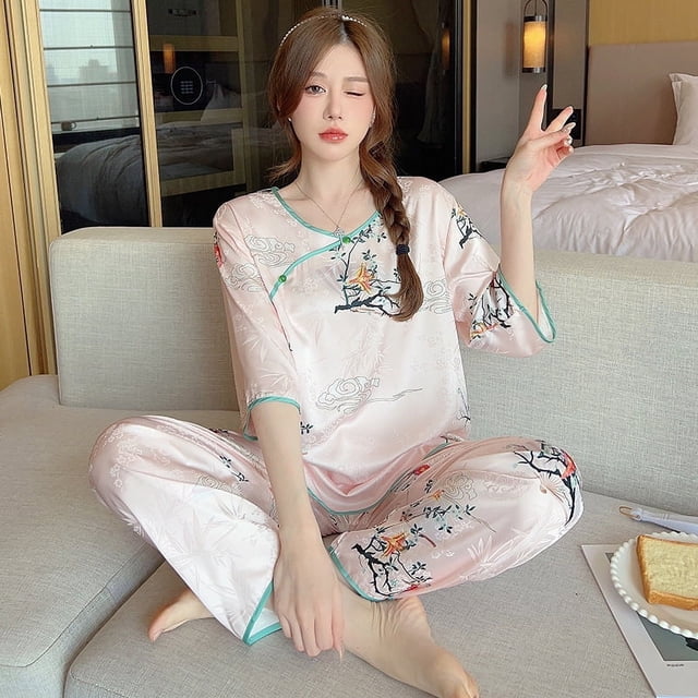 Pijama de seda helada de cuello redondo fino de verano para mujer, traje de pantalón de media manga con pintura de paisaje, ropa de casa que se puede usar al aire libre