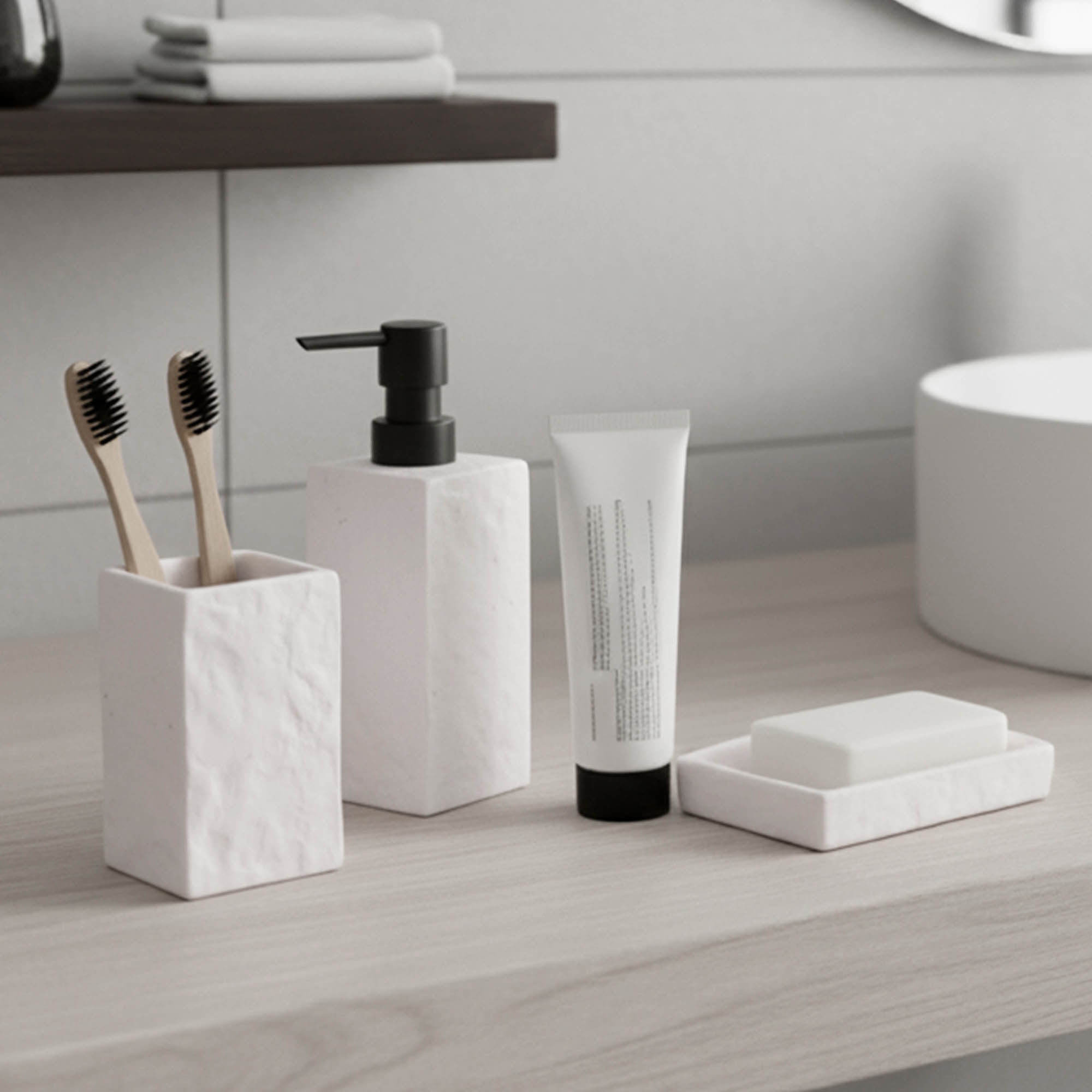 Bath Square Resin Hand Soap & Lotion Dispenser Stone Effect 9 FL OZ White