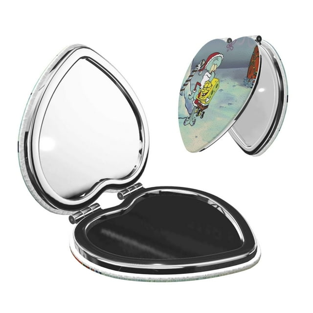 Pofeuu SpongeBob SquarePants Miroir de Maquillage de Poche Portable Couverture en PU Miroir de Voyage Compact avec Verre Double Face Normal et Grossissant - Forme Ronde - Forme Cœur