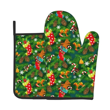 

Junzan Cute Christmas Stocking Bear Pattern Oven Mitts and Pot Holders 2 pcs Set Potholders BBQ Gloves Long Kitchen Oven Glove for Cooking Baking Grilling (2-Piece Set 11 Inch)