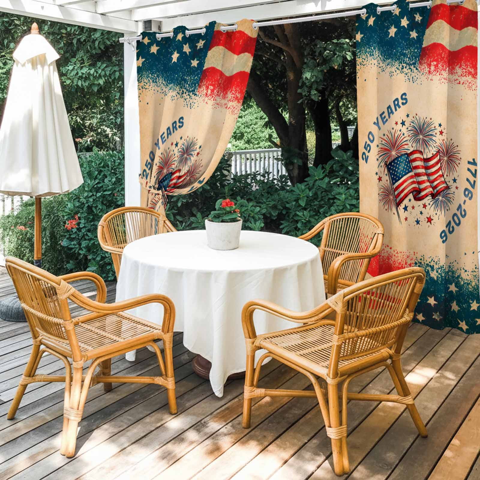 250th Anniversary Outdoor Curtains for Patio, Independence Day Firework American Flag Retro Sunshade Privacy Drapes Grommet Waterproof Outside Curtains for Porch/Cabana/Balcony 54"x 108", 1 Panel
