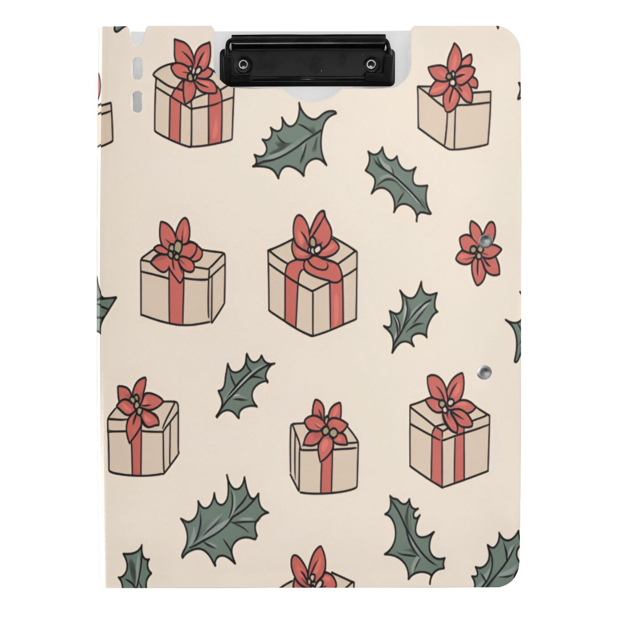 FORMRS A4 Clipboard Folder with Pen Holder Horizontal Foldable School Office Binder, Beige Christmas Gift Pattern