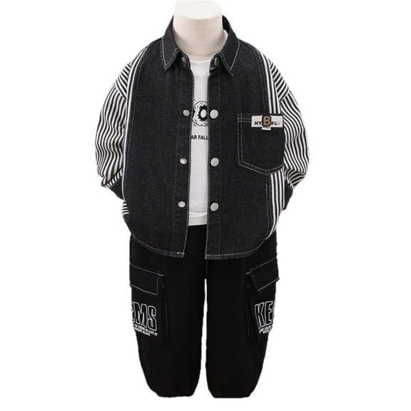 Kids Casual Denim Jacket and Pants Set with Striped Sleeves and Patchwork Details for Boys Girls Daily Wear Outfit