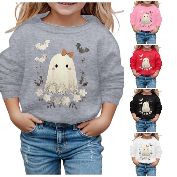 Krdevn Kids Lace Hem Ghost Bow Floral Leaf Bat Graphic Crewneck Sweatshirt Long Sleeve Casual Pullover Top for Halloween Holiday Outfit Grey,4-5 Years