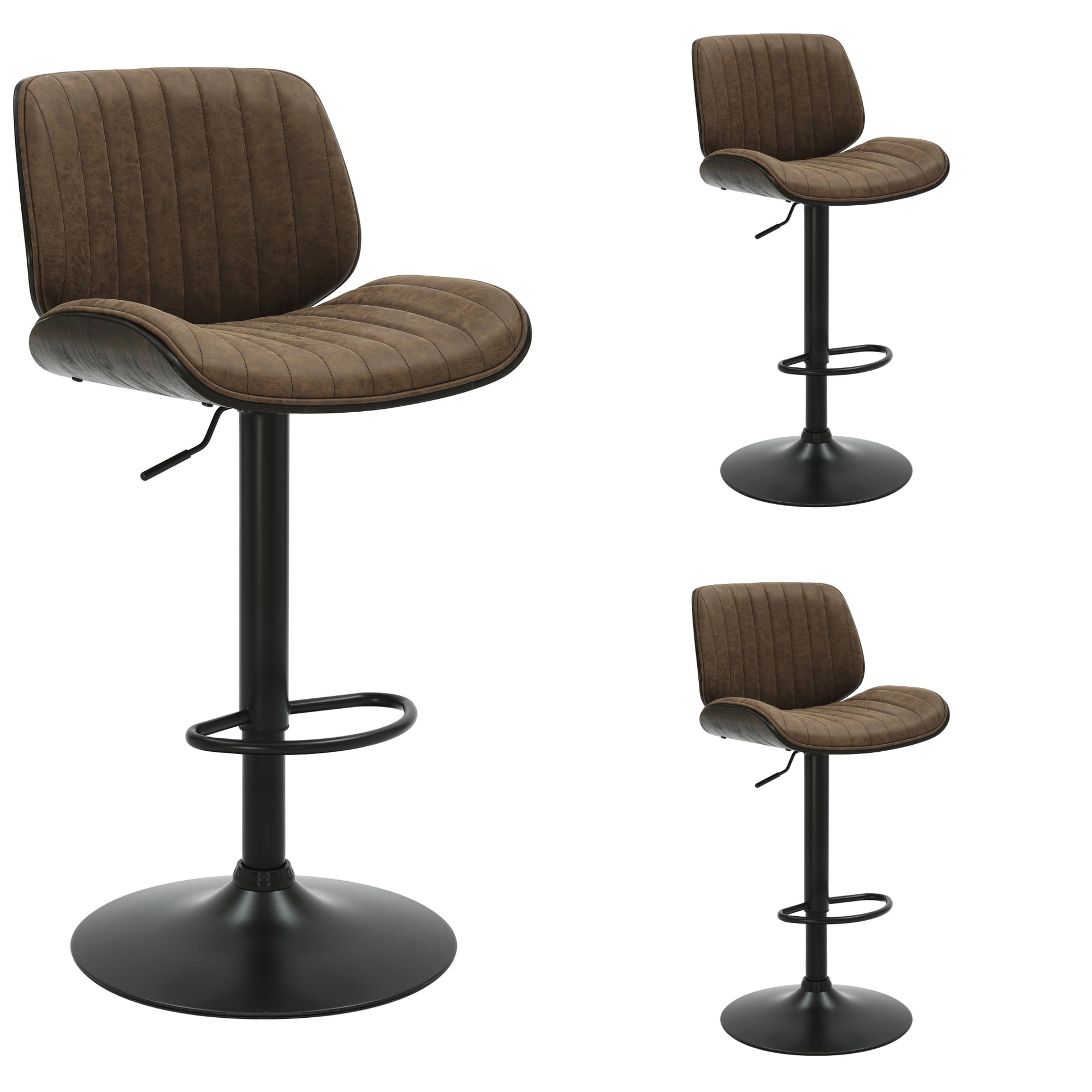 Brock Adjustable Swivel Vintage Dark Brown Curved Back Wood Bar Stool with Faux Leather Seat Set of 3