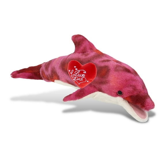 DolliBu I Love You Plush Super Soft Pink Tie-Dye Dolphin - Cute Stuffed Animal Dolphin with Red Heart Plush for Valentines, Anniversary, Romantic Date, Boyfriend, or Girlfriend Gift - 18 Inches