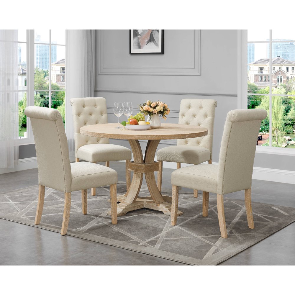 Siena Whitewashed Finished 5Piece Dining set, Pedestal Round Table