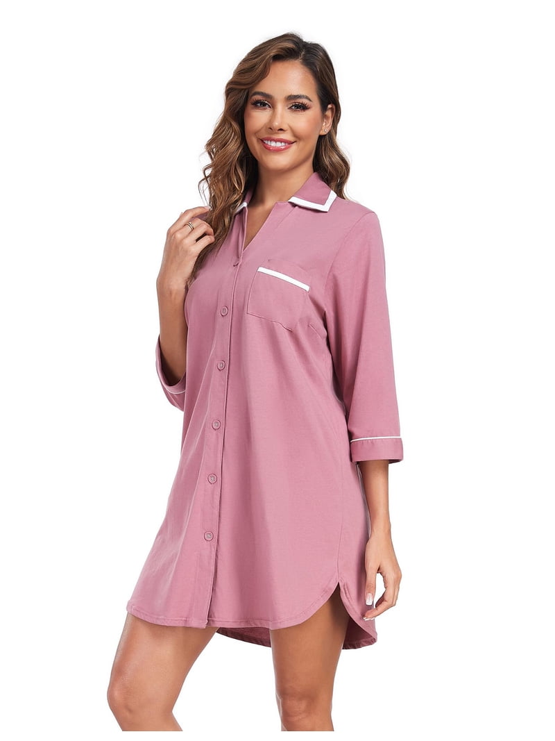 Anliqi Womens Cotton Nightgown Sexy Button Down Night Shirts Soft Summer Sleep Shirt Ladies Comfy Night Dress (Dust Rose, XL), Women's, Pink