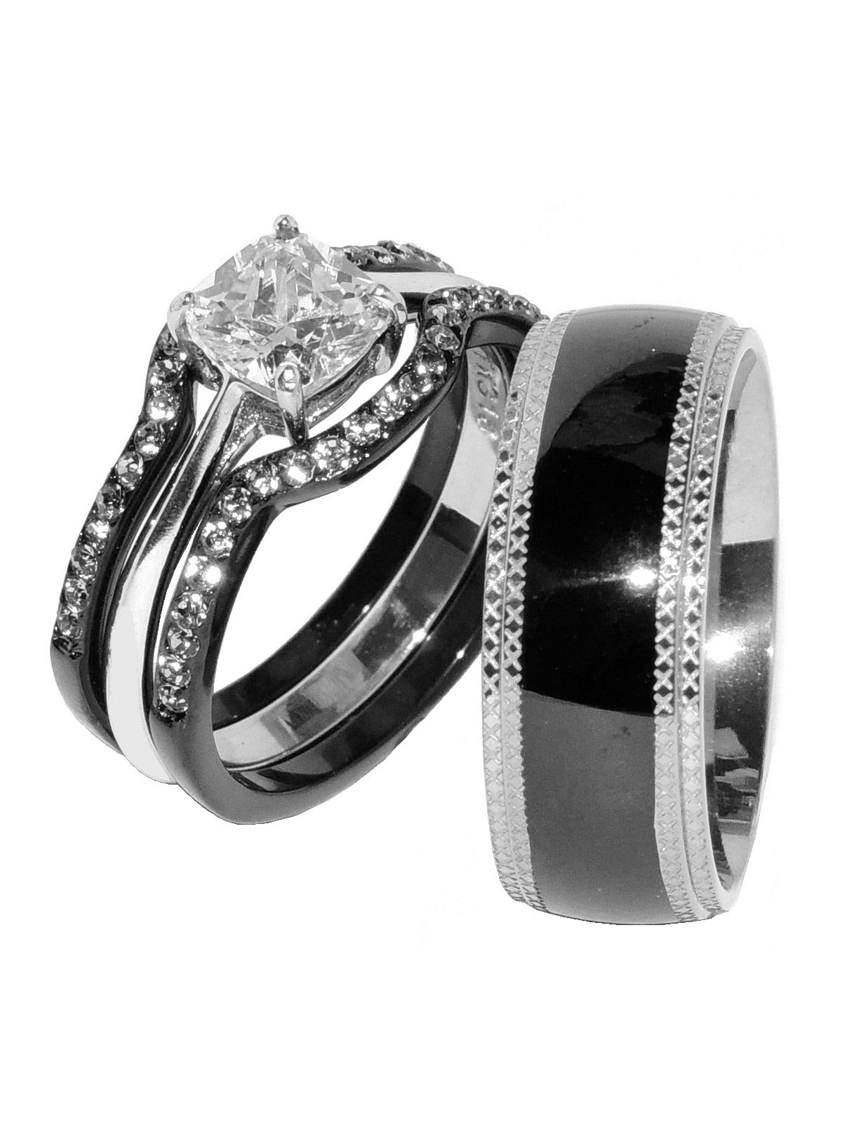 His Hers 3 Piece Men Women Stainless Steel Wedding Engagement Ring Set cz 