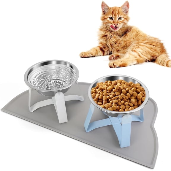 Tilted Elevated Pet Bowl Set with Stainless Steel Bowls, Raised Feeder Stand and Spill-Proof Mat for Cats & Small Dogs