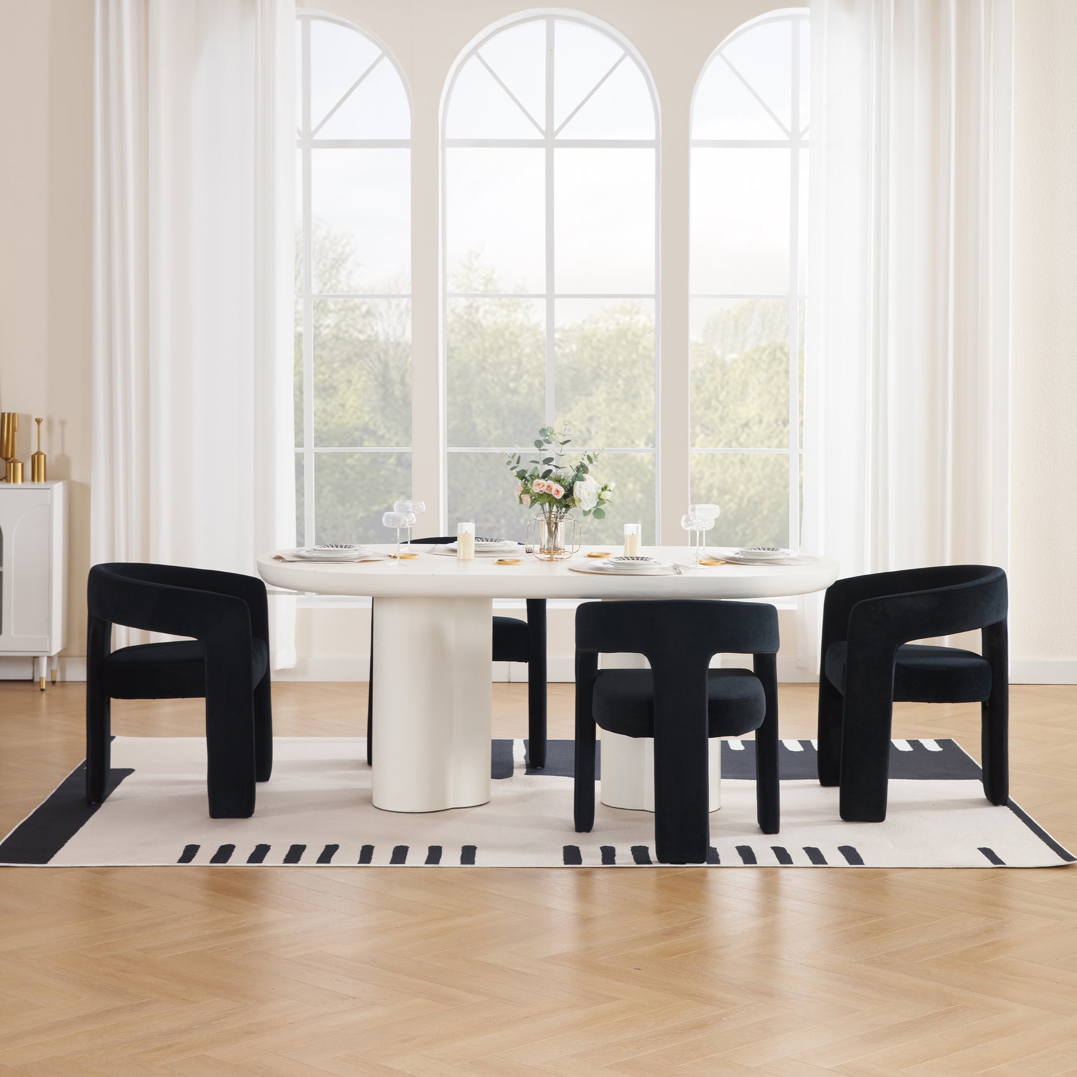 Guyou Modern Velvet Upholstered Dining Chair, Cute Barrel Side Armchair Kitchen Chair with Armrests and Back for Living Room Dining Room Bedroom, Black