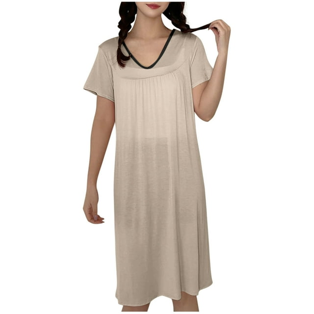 Ohufall Chemises de Nuit en Coton pour Femmes à Manches Courtes, Respirantes, d'Été, Col Rond, Classiques et Amples
