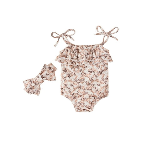 

0-24M Newborn Baby Girl’s Lace-Up Suspender Printing Ruffles Stitching Jumpsuits and Headband