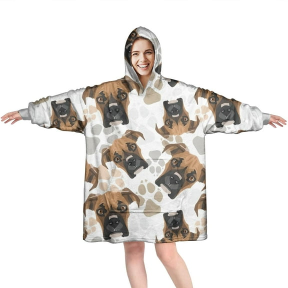 Cute Doberman and Dog Footprint Wearable Oversized Blanket,Wearable Blanket Hoodie for Adults,Cozy Hooded Blankets with Super Pockets,Super Warm Fuzzy Pullover for Women & Men