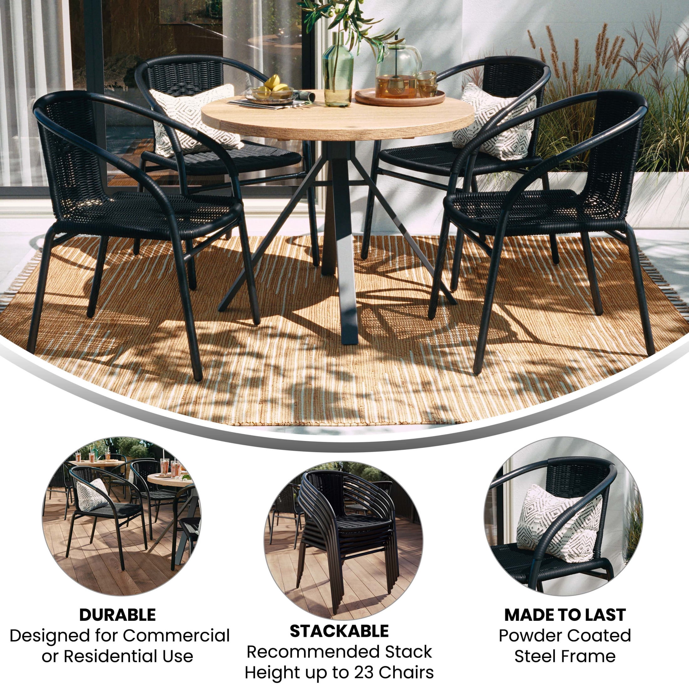Emma + Oliver 4 Pack Black Rattan Indoor-Outdoor Restaurant Stack Chair with Curved Back