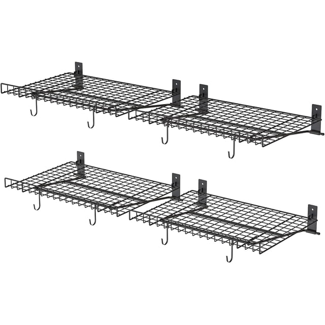 Tablette Murale Pliable, Ensemble de 4 Étagères Murales de Rangement pour Garage, Tablettes Flottantes en Métal Robustes avec 8 Crochets, Capacité de 180 Lb, pour Bureau, Cuisine et Buanderie