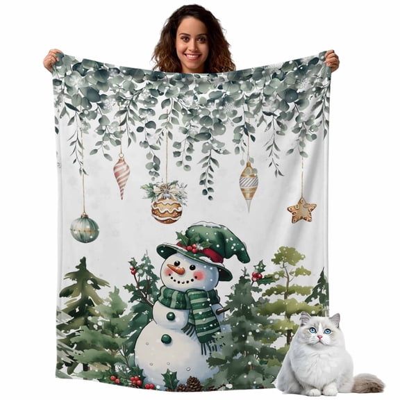 Fleece Blanket Watercolor Snowman Snowflake Blankets, Soft Cozy Warm Flannel Throw Blanket, Winter Tree Eucalyptus Leaf Blanket for Bed Couch Sofa,40x50In