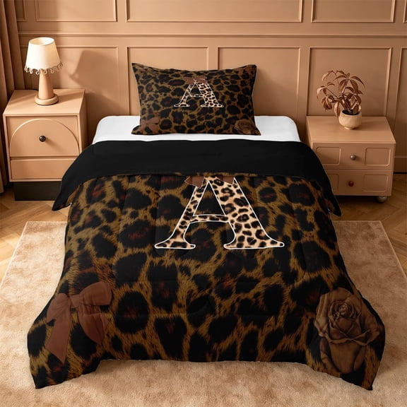 Erosebridal Leopard Print Twin Comforter Sets,Cheetah Pattern A Alphabet Bedding Set For Kids Girls,Black Reversible,2-Piece