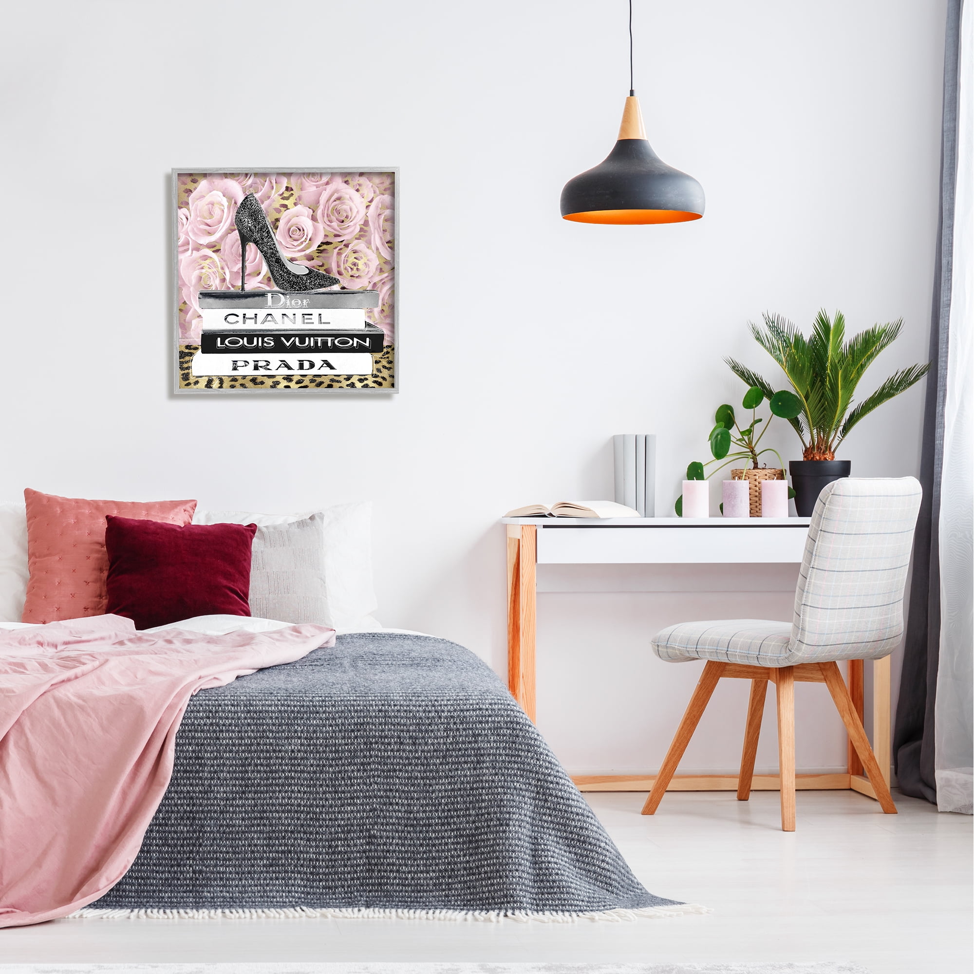 Stupell Industries Pink Roses Bookstack Botanical & Floral Painting Gray Framed Art Print Wall Art, 24 x 24