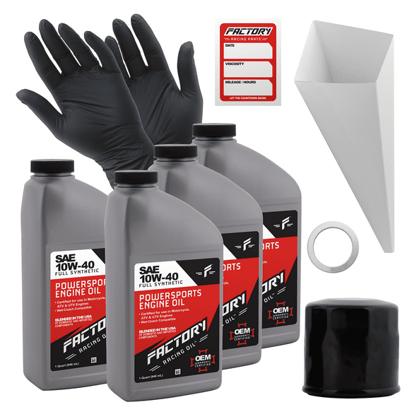 Factory Racing Parts Full Synthetic Oil Change Kit compatible with Yamaha YZF-R1 – Includes 4 Quarts of SAE 10W-40 Oil, 1 Filter, 1 Crush Washer, 1 Funnel, 1 Oil Change Reminder Sticker