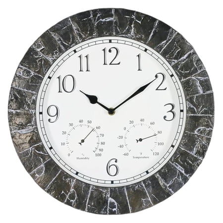 14-Inch Plastic Wall Clock with Thermometer & Hygrometer - Indoor/Outdoor Weatherproof Garden Farmhouse Slate Style Clock - Easy to Read