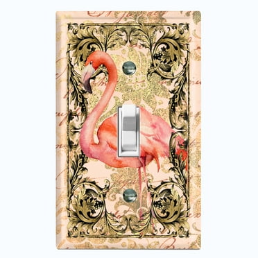 Metal Light Switch Plate Outlet Cover Elegant Flamingo Frame Beige Damask FGO015