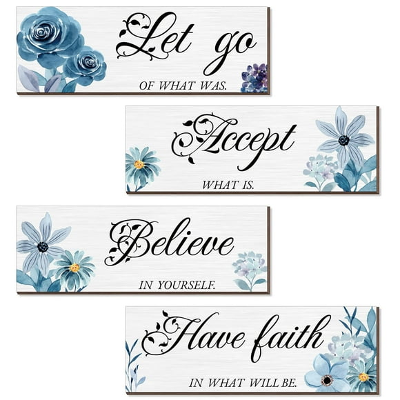 Decoración de pared Joyhawk con flores azules para dormitorio, 4 piezas, 30 x 10 cm, madera