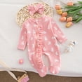 thumbnail image 2 of mgoYE Newborn Baby Girl Easter Outfit Ruffle Bunny Print Romper Waffle Jumpsuit Coming Home Outfit with Headband(Pink,0-3 Months), 2 of 7