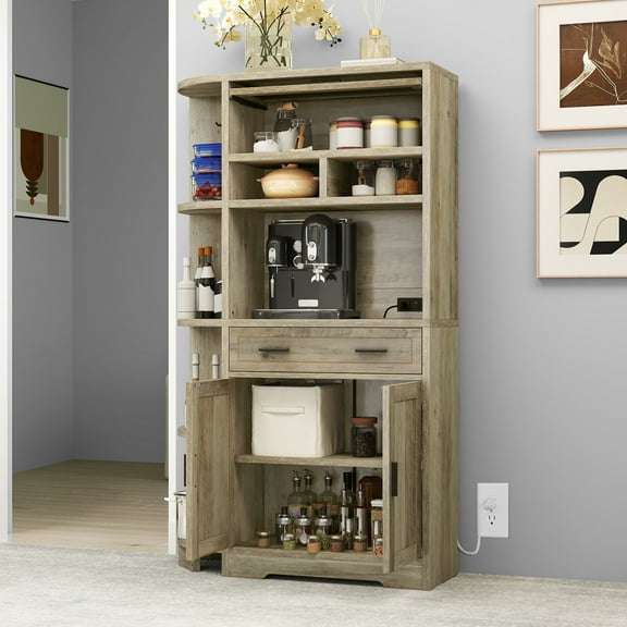 DEXTRUS Kitchen Pantry Cabinet with Shelves & Doors, Storage Cabinet with Power Outlets, Ash Gray