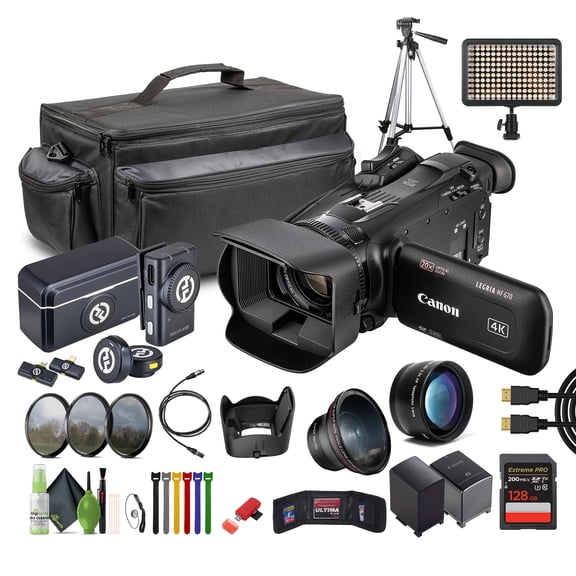 Canon LEGRIA HF G70 PAL 4K UHD Camcorder Bundle with 128GB Card, Filter Kit, Telephoto & Wide Lens, Wireless Mic, Tripod, Case, LED Light (International Model)