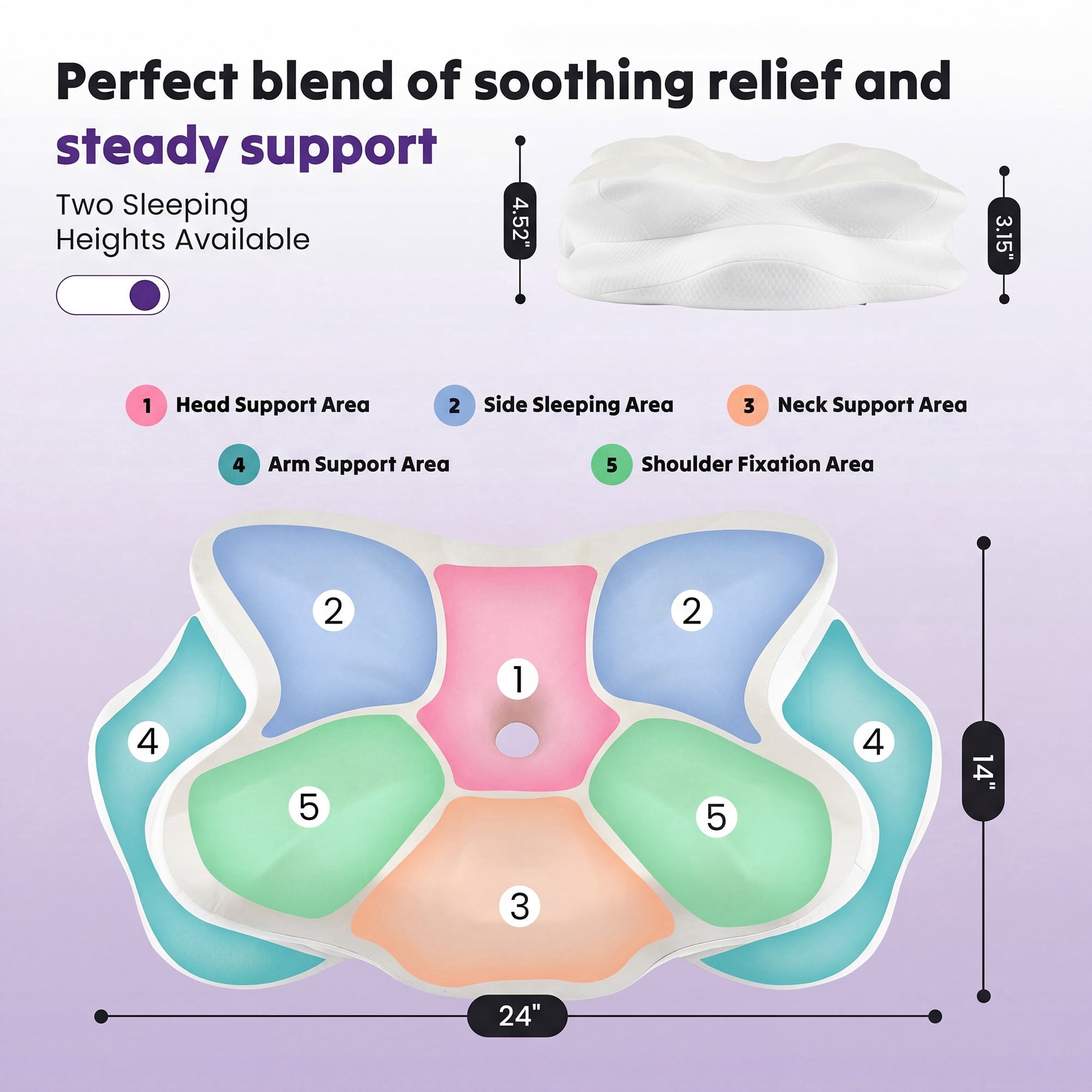 JIOABL Memory Foam Cervical Pillow, Ergonomic Contour Bed Pillow with 2 Heights, Breathable Washable Cover, Neck Support for Side/Back Sleepers, White