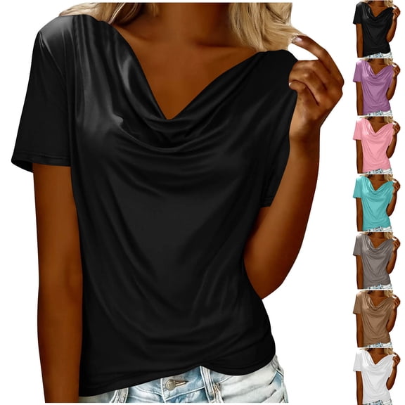 asdoklhq Oversized Tshirts for Women Crewneck Women's Solid Color Fashionable Pile Collar Breathable Summer Short Sleeved Casual T-shirt Top Pink 2X