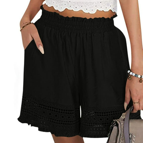 Shorts For Women Casual Elastic Waist Crazy Yoga Lounge Shorts - Comfy Stretch Lace Trim Summer Beach Linen Ruffle