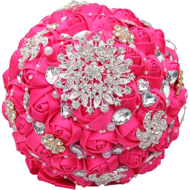 Bridal Bouquets for Wedding,Wedding Bride Holding Bouquet Roses with Diamond Pearl Ribbon Valentine's Day Confession (Rose Red)