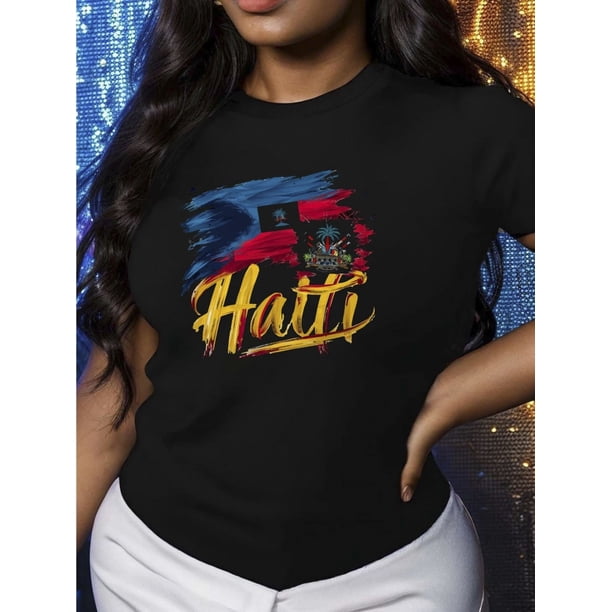 Women's 100% Cotton Haitian Flag Print T-Shirt - Lightweight Breathable Round Neck Short Sleeve, Slightly Stretchy All-Season Casual Tee for Running Outdoor Activities & Holiday Gifts, Haitian T Shirt