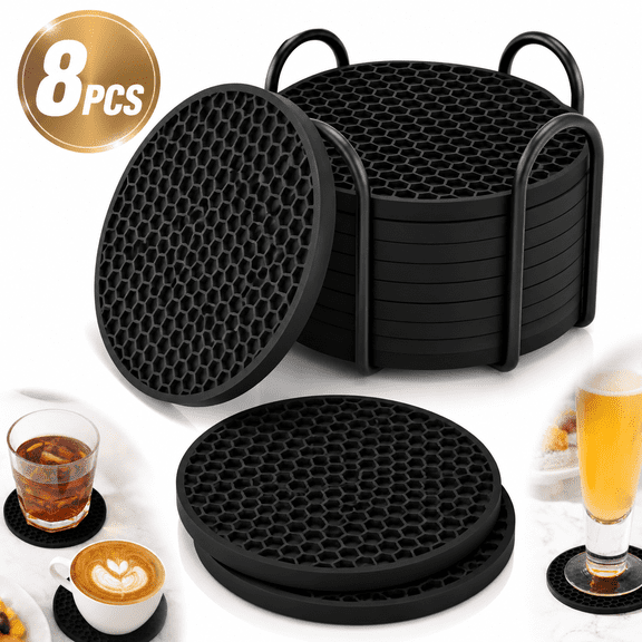 Genreen Silicone Coasters Set of 8 with Holder, Non-Stick Drink Coasters for Wooden Tables, Heat Resistant & Anti-Slip Tabletop Protection, Black