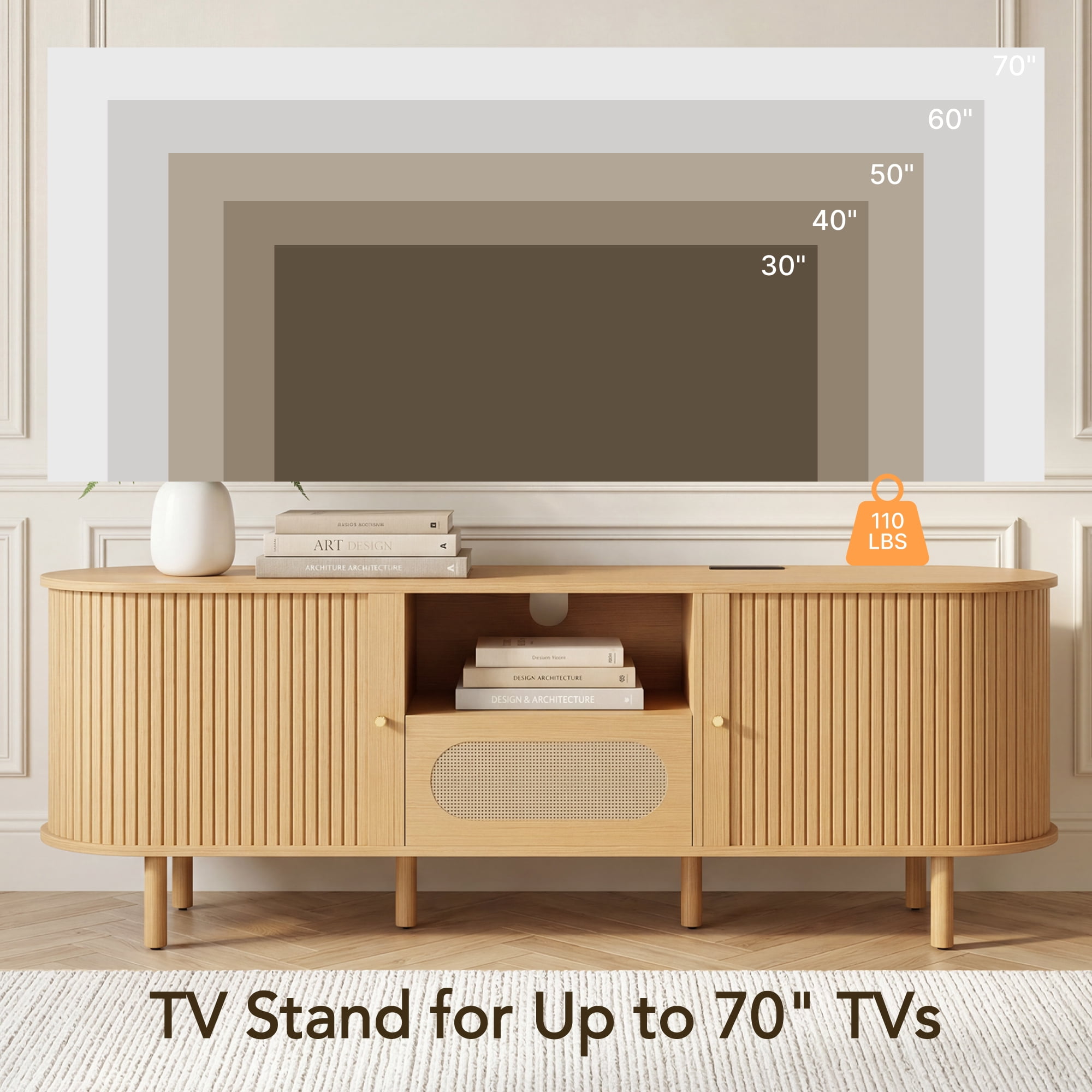 Spruce & Spring Tambour TV Stand with Power Outlet, Mid-Century Modern Entertainment Center, Rattan Drawer & Fluted Sliding Doors, Solid Wood Legs & Cable Management, Oak, for TVs up to 70 Inch