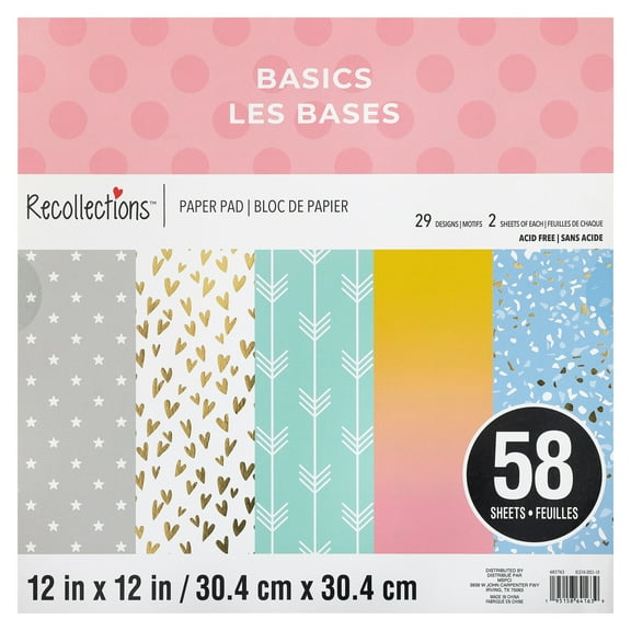 58 Sheets 12" x 12" Basics Paper Pad by Recollections - Acid Free Paper for Scrapbooks - Invitations - Greeting Cards - and Arts & Crafts - 1 Pack