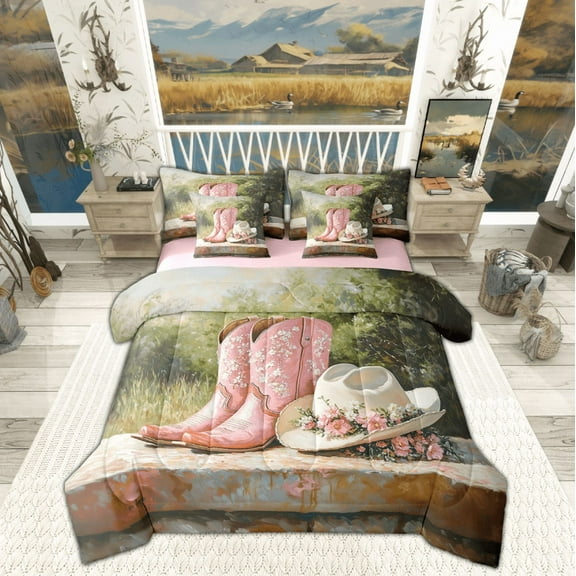 Manfei Pink Boot Hat Bedding Sets Twin Size, Western Cactus Bed in a Bag Twin size, Cowboy Cowgirl Reversible Comforter Sets with Sheets, Super Cozy Room Decorative, 7 Pieces